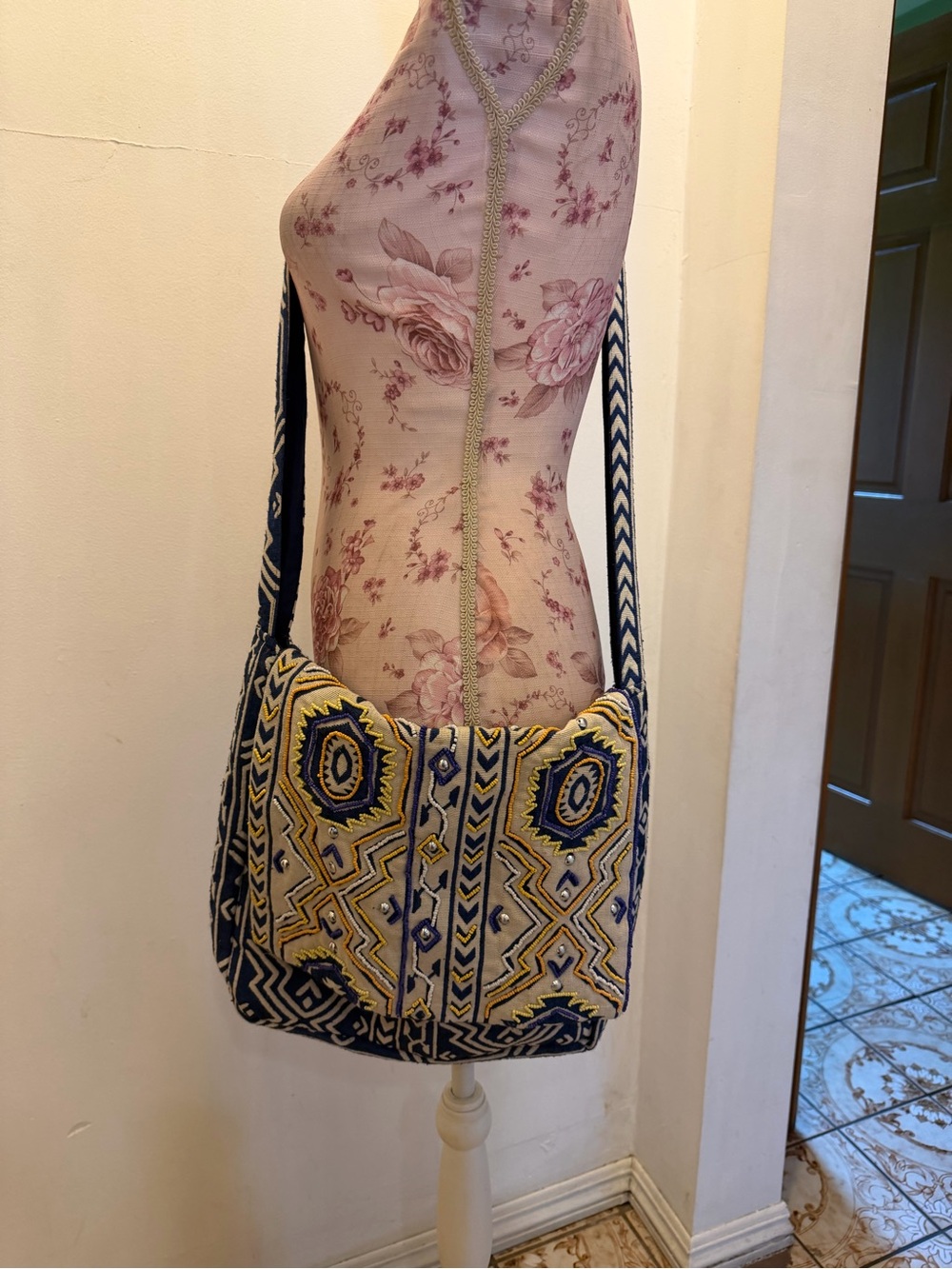 Embroidered Blue & white Geometric Crossbody Bag